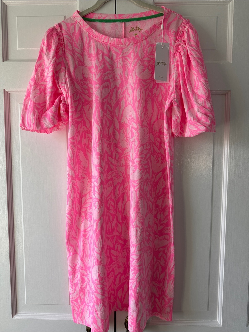 NWT Lilly Pulitzer Hot Pink Leaf-Print Shift Tulip to Tango Rousseau Dress Large